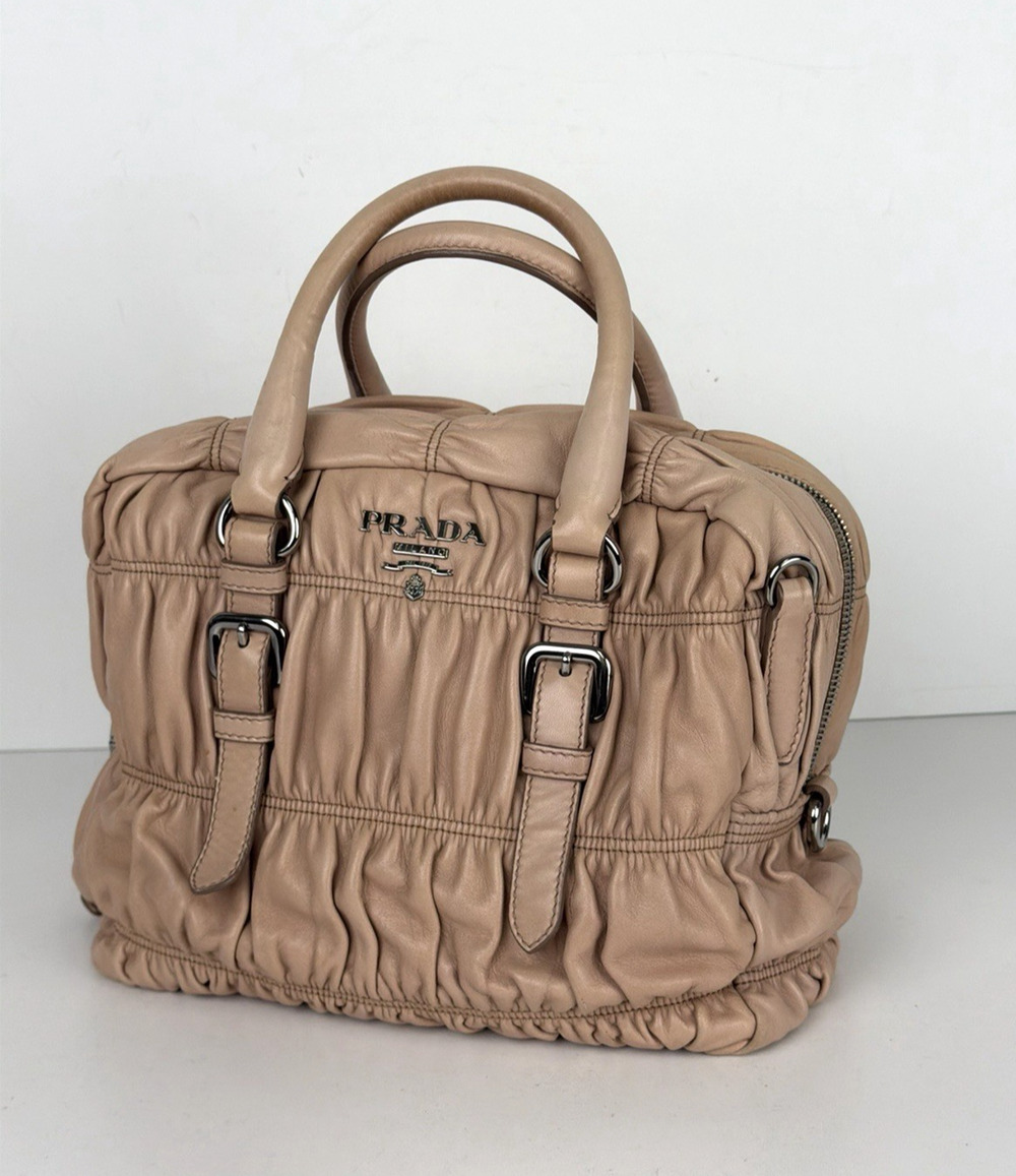 Prada Nappa Gaufre Satchel Shoulder Bag in Beige Leather Silver-Tone Hardware S7